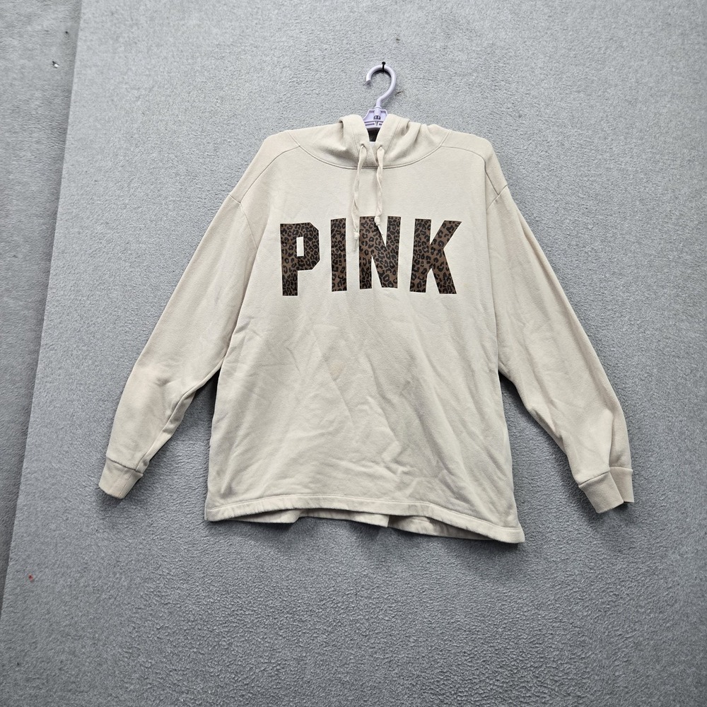 Victoria's Secret PINK Women Hoodie L Beige Animal Print Fleece Logo Spellout